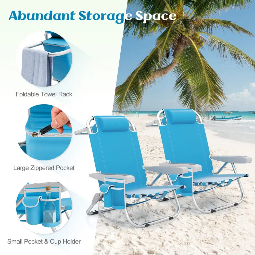 1 Piece Foldable Backpack Beach Chair with Cup Holder and Storage Pockets for Outdoor-Blue - Blue - Beach & Lawn Chairs