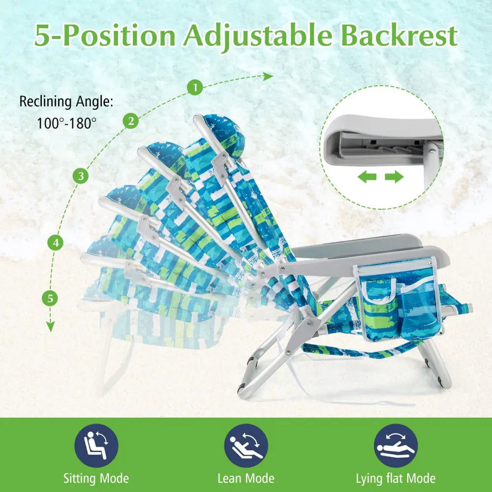 1 Piece Foldable Backpack Beach Chair with Cup Holder and Storage Pockets for Outdoor-Blue and Green - Blue & Green