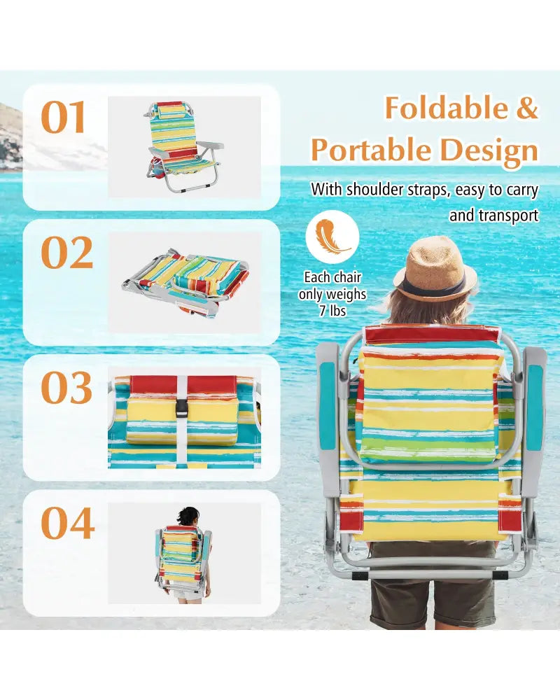 1 Piece Foldable Backpack Beach Chair with Cup Holder and Storage Pockets for Outdoor-Multicolor - Multicolor - Beach &