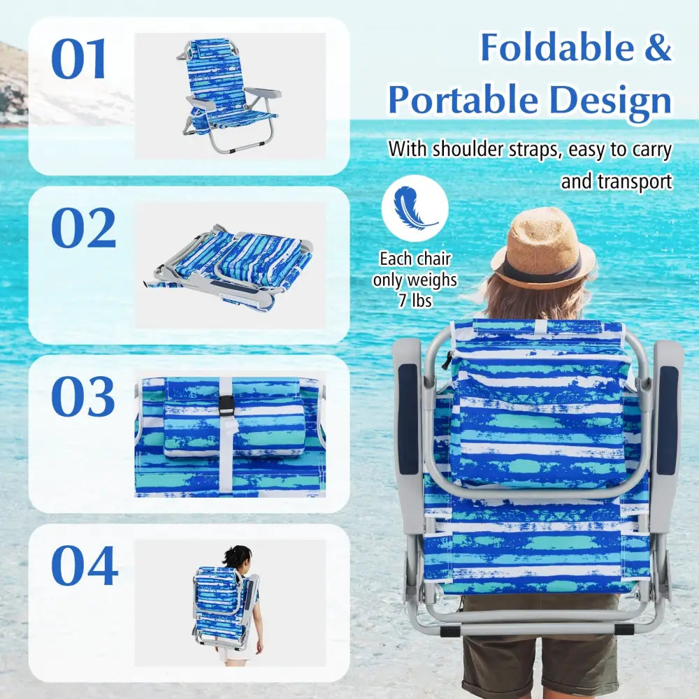 1 Piece Foldable Backpack Beach Chair with Cup Holder and Storage Pockets for Outdoor-Navy - Navy - Beach & Lawn Chairs