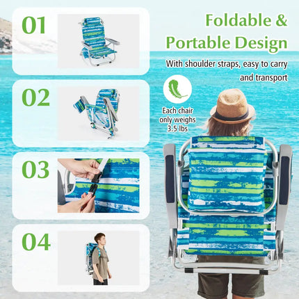 1 Piece Foldable Backpack Beach Chair with Cup Holder and Storage Pockets for Outdoor-Blue and Green - Blue & Green