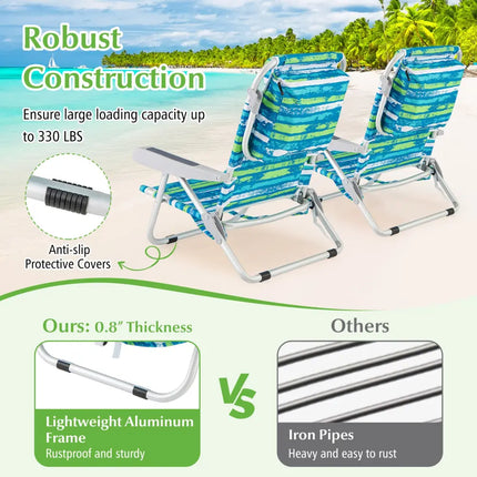 1 Piece Foldable Backpack Beach Chair with Cup Holder and Storage Pockets for Outdoor-Blue and Green - Blue & Green