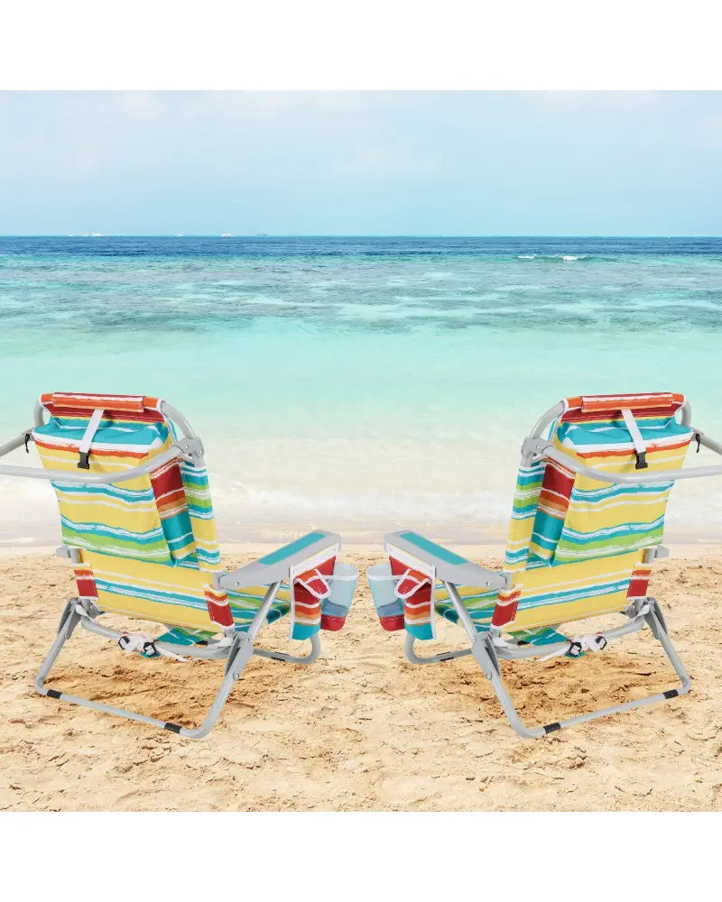 1 Piece Foldable Backpack Beach Chair with Cup Holder and Storage Pockets for Outdoor-Multicolor - Multicolor - Beach &