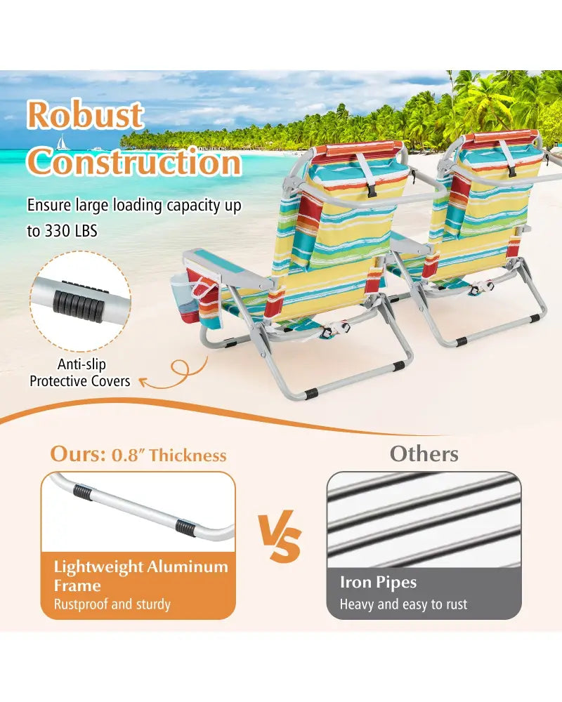 1 Piece Foldable Backpack Beach Chair with Cup Holder and Storage Pockets for Outdoor-Multicolor - Multicolor - Beach &