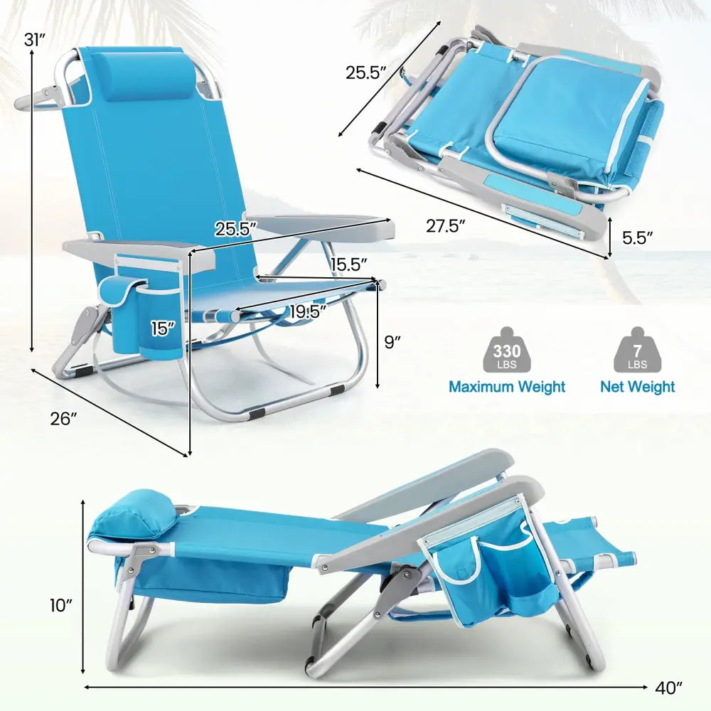1 Piece Foldable Backpack Beach Chair with Cup Holder and Storage Pockets for Outdoor-Blue - Blue - Beach & Lawn Chairs