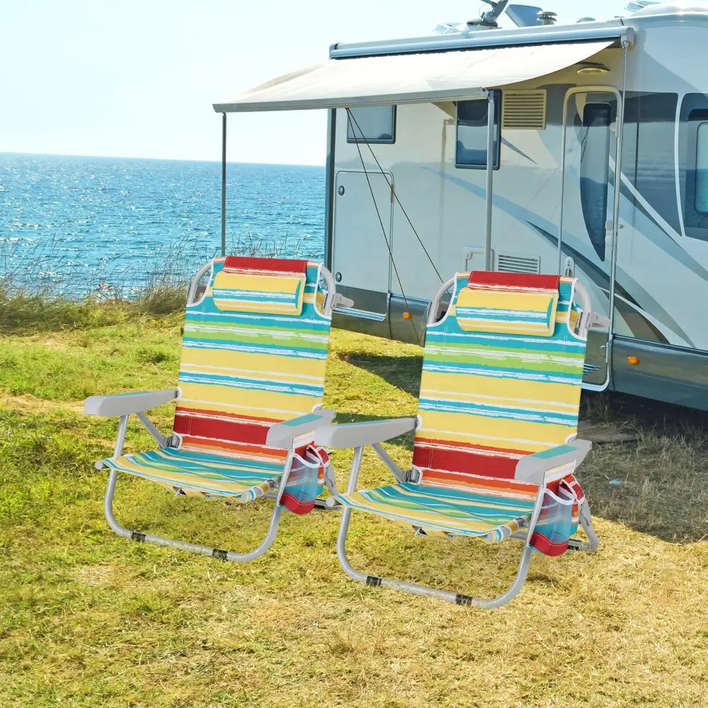 1 Piece Foldable Backpack Beach Chair with Cup Holder and Storage Pockets for Outdoor-Multicolor - Multicolor - Beach &