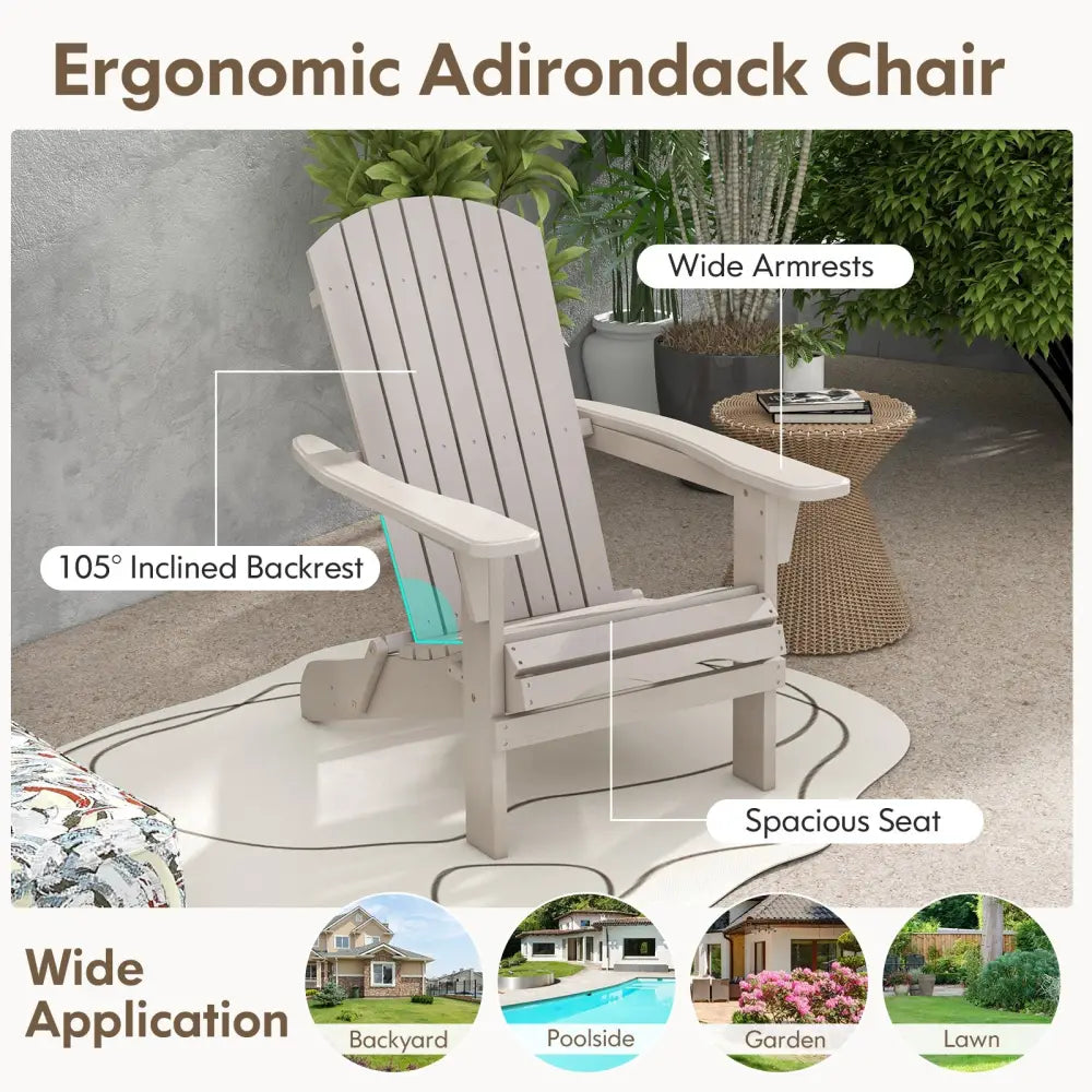 1 Piece Folding Adirondack Chair with High Backrest and Wide Armrests-Gray - Gray - Adirondack Chairs