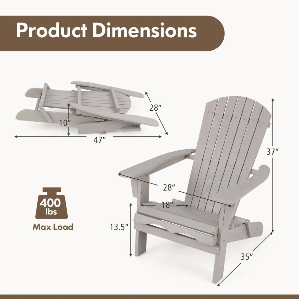 1 Piece Folding Adirondack Chair with High Backrest and Wide Armrests-Gray - Gray - Adirondack Chairs