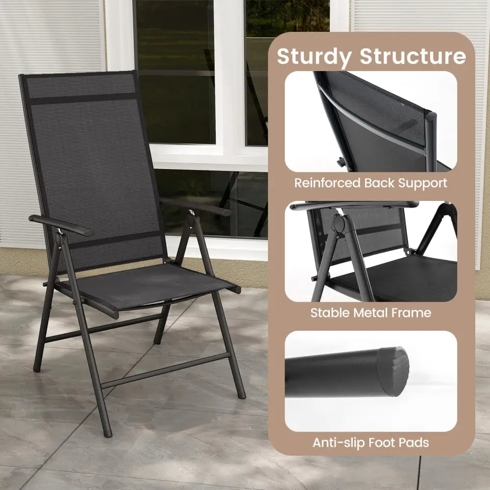 1 Piece Patio Folding Dining Chairs with 7-Level Adjustable High Backrest-Black - Black - Beach & Lawn Chairs