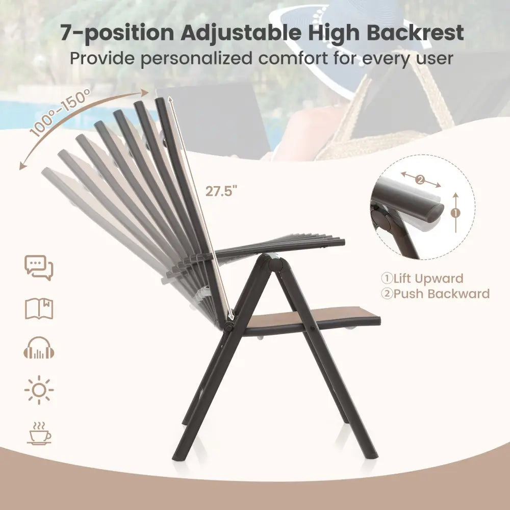 1 Piece Patio Folding Dining Chairs with 7-Level Adjustable High Backrest-Coffee - Coffee - Beach & Lawn Chairs