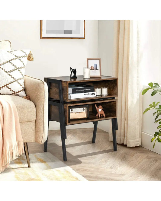 1 Piece Stackable Night Stand Shelf Accent Table with Metal Frame - Rustic Brown - Nightstands