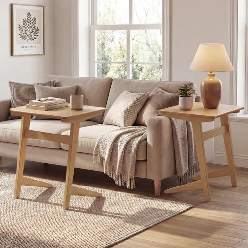 1 Piece Wood Sofa Side Table C-shaped End Table with Wood Veneered Top - Natural - End & Side Tables