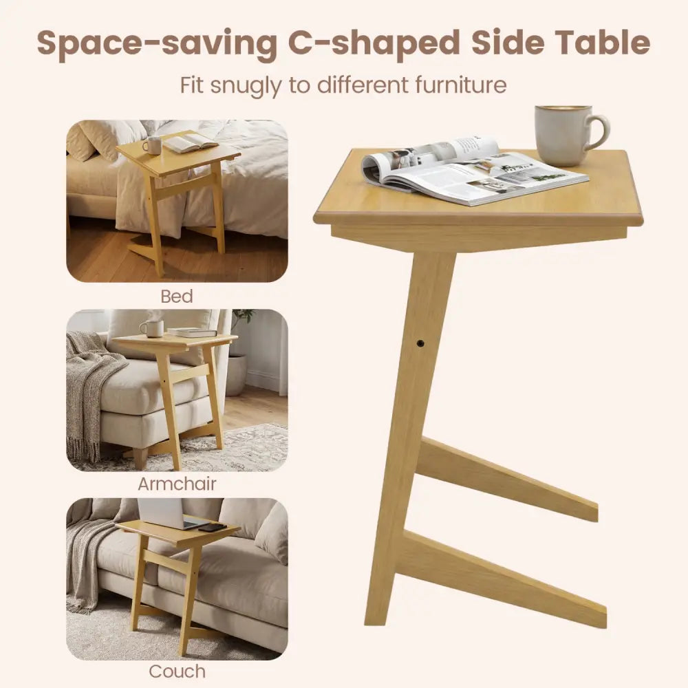 1 Piece Wood Sofa Side Table C-shaped End Table with Wood Veneered Top - Natural - End & Side Tables