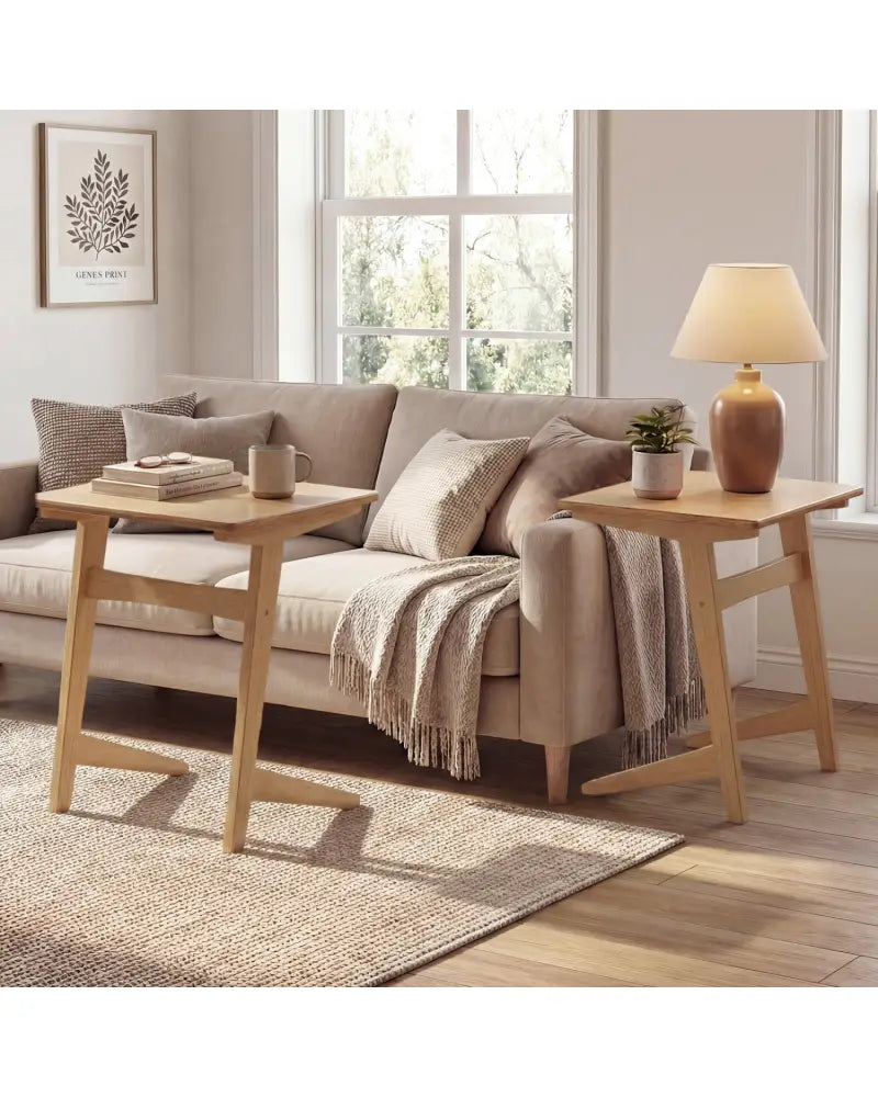 1 Piece Wood Sofa Side Table C-shaped End Table with Wood Veneered Top - Natural - End & Side Tables