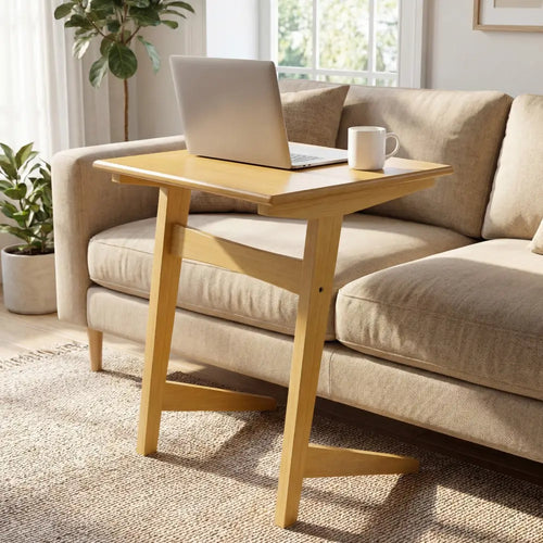 1 Piece Wood Sofa Side Table C-shaped End Table with Wood Veneered Top - Natural - End & Side Tables
