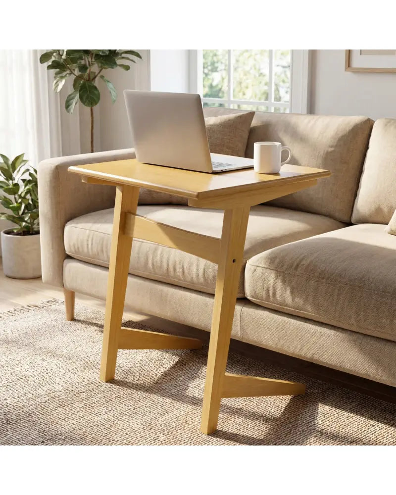 1 Piece Wood Sofa Side Table C-shaped End Table with Wood Veneered Top - Natural - End & Side Tables