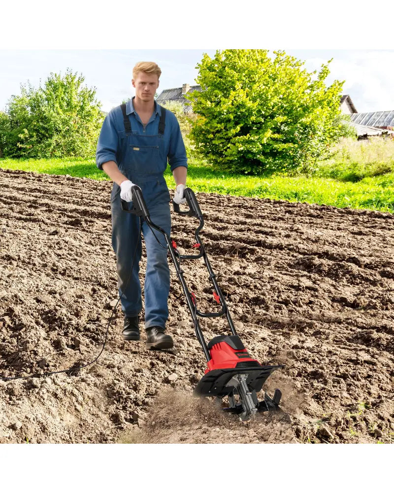 10 Amp Powerful Corded Electric Tiller Cultivator with Safety Lock-Red - Red - Lawn Care Tools