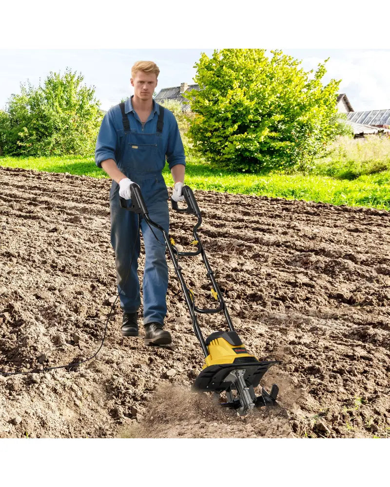 10 Amp Powerful Corded Electric Tiller Cultivator with Safety Lock-Yellow - Yellow - Lawn Care Tools