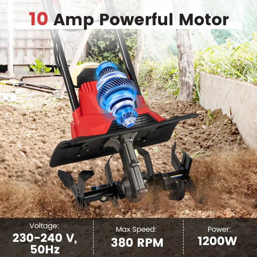 10 Amp Powerful Corded Electric Tiller Cultivator with Safety Lock-Red - Red - Lawn Care Tools