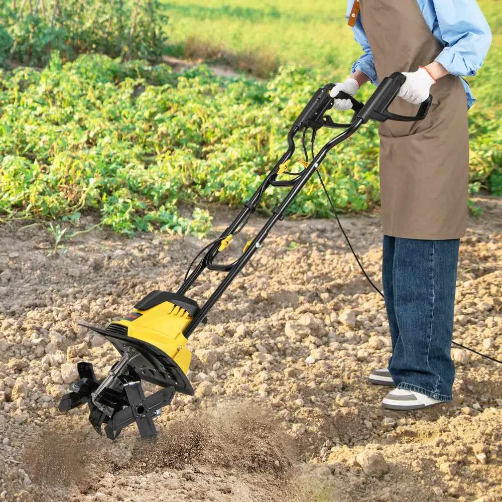 10 Amp Powerful Corded Electric Tiller Cultivator with Safety Lock-Yellow - Yellow - Lawn Care Tools