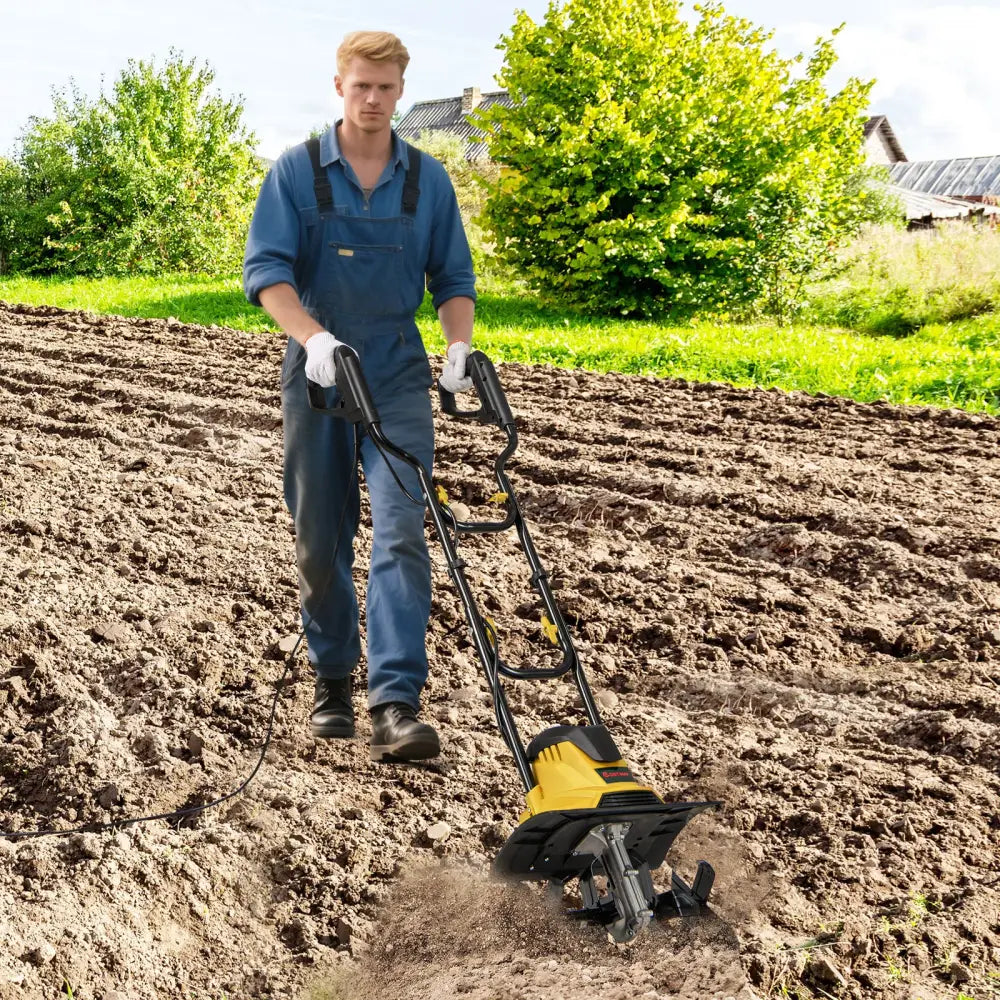 10 Amp Powerful Corded Electric Tiller Cultivator with Safety Lock-Yellow - Yellow - Lawn Care Tools