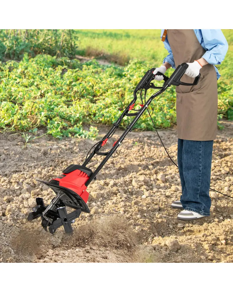 10 Amp Powerful Corded Electric Tiller Cultivator with Safety Lock-Red - Red - Lawn Care Tools