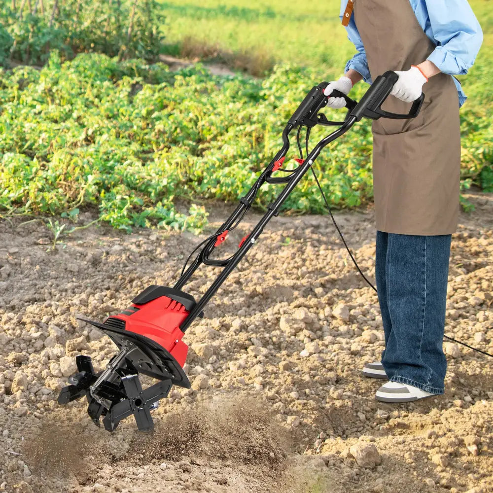 10 Amp Powerful Corded Electric Tiller Cultivator with Safety Lock-Red - Red - Lawn Care Tools