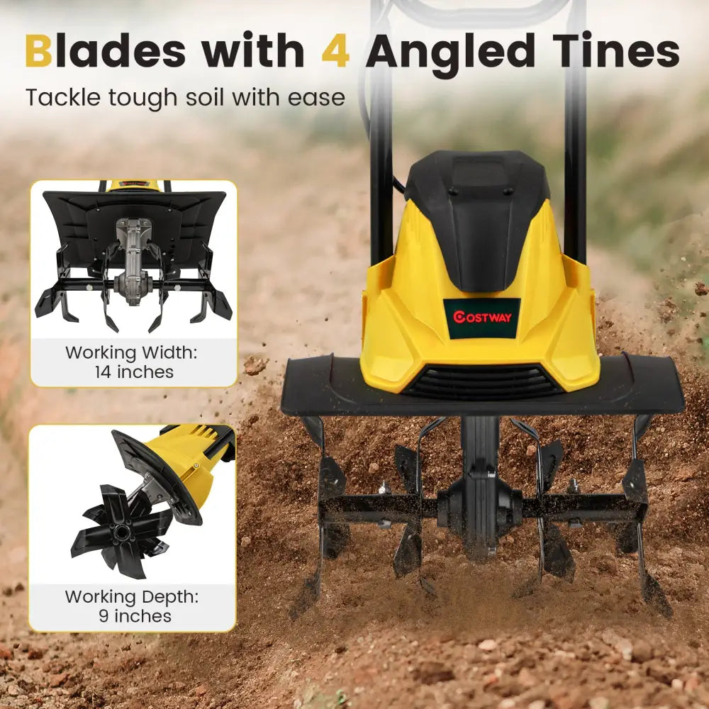 10 Amp Powerful Corded Electric Tiller Cultivator with Safety Lock-Yellow - Yellow - Lawn Care Tools