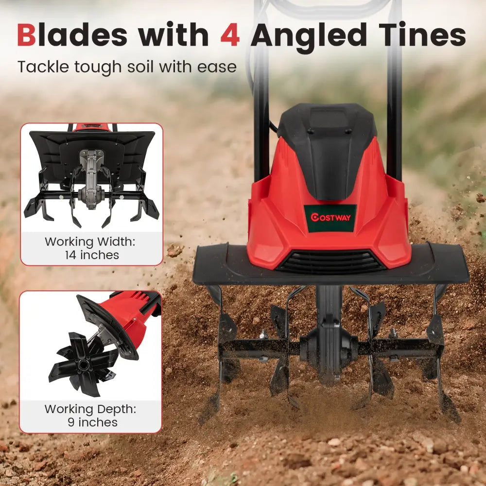 10 Amp Powerful Corded Electric Tiller Cultivator with Safety Lock-Red - Red - Lawn Care Tools