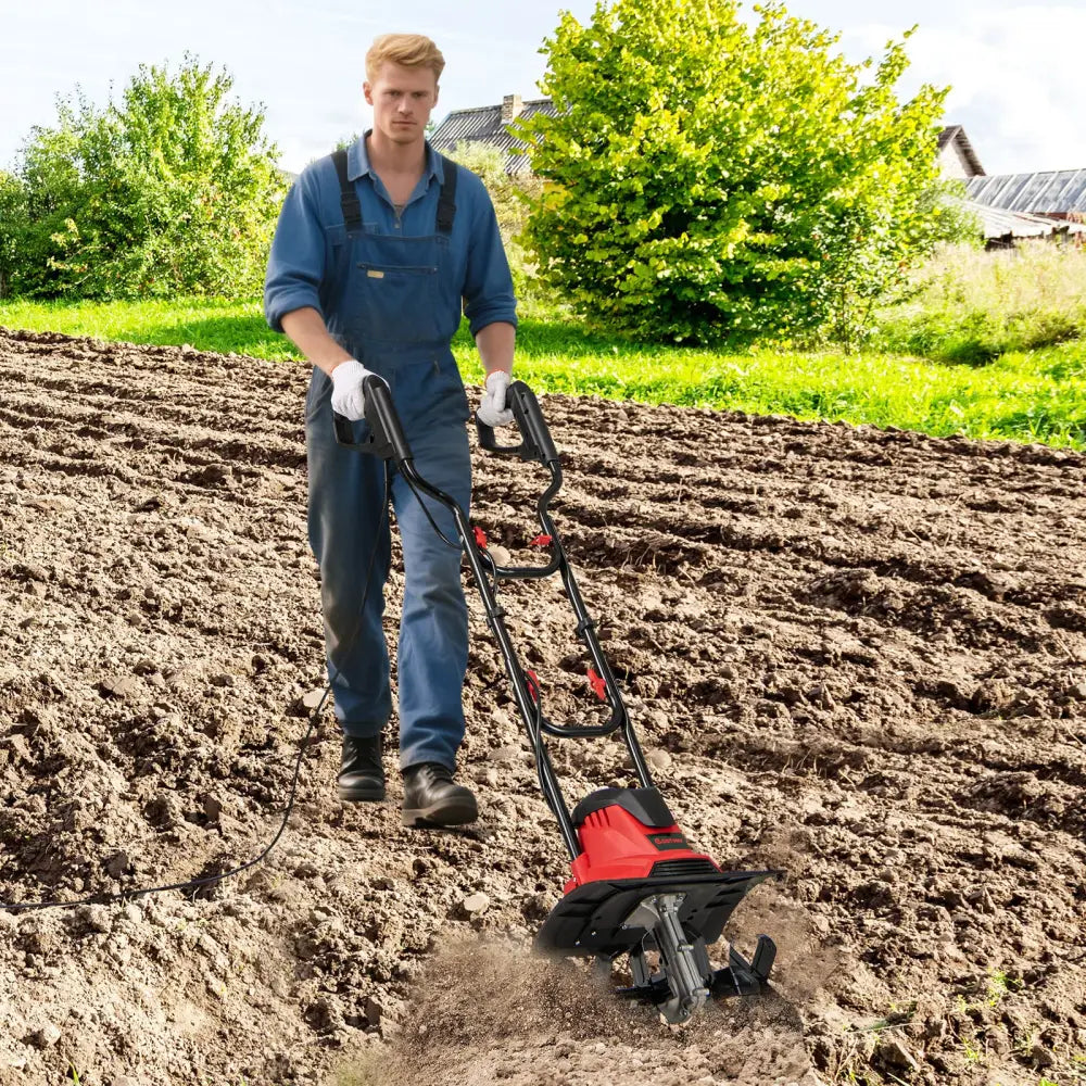 10 Amp Powerful Corded Electric Tiller Cultivator with Safety Lock-Red - Red - Lawn Care Tools
