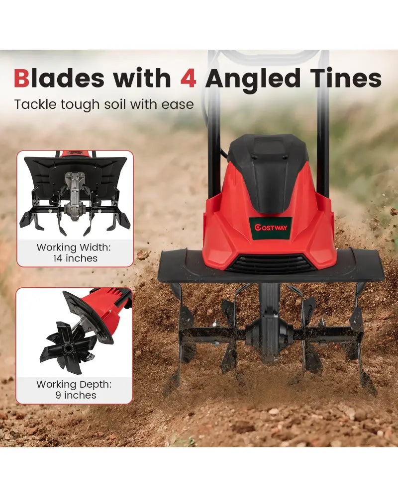 10 Amp Powerful Corded Electric Tiller Cultivator with Safety Lock-Red - Red - Lawn Care Tools