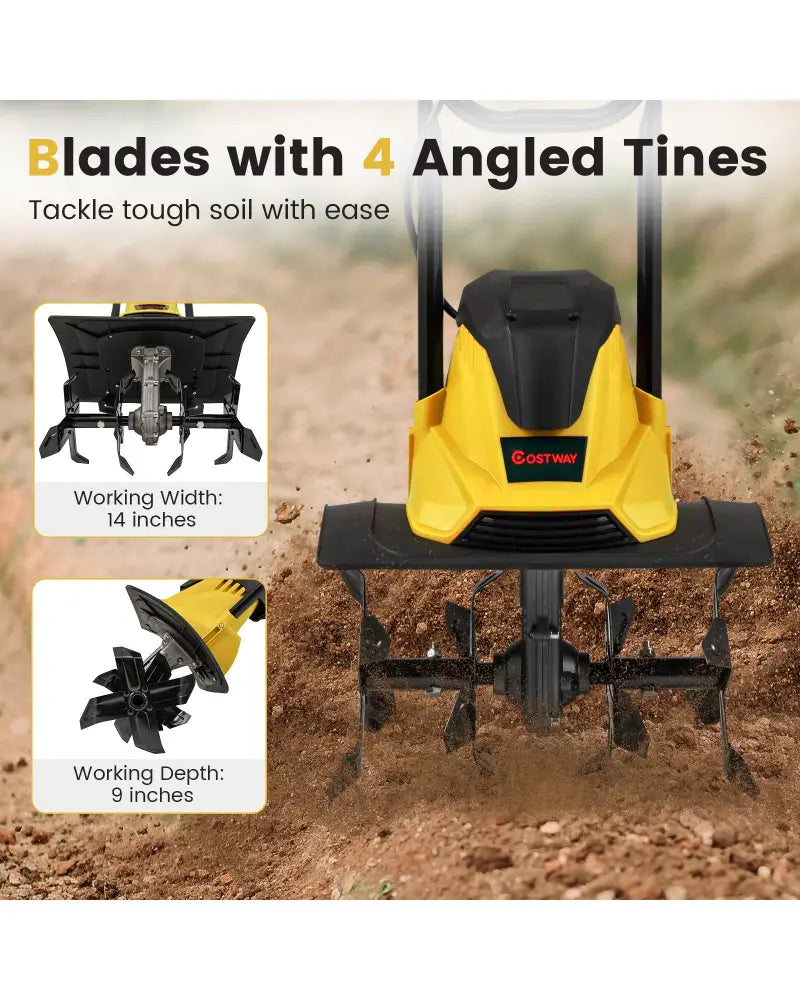 10 Amp Powerful Corded Electric Tiller Cultivator with Safety Lock-Yellow - Yellow - Lawn Care Tools