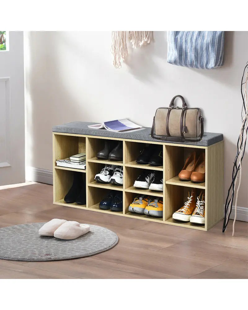10-Cube Organizer Entryway Padded Shoe Storage Bench-Beige - Beige - Shoe Racks & Storage Benches