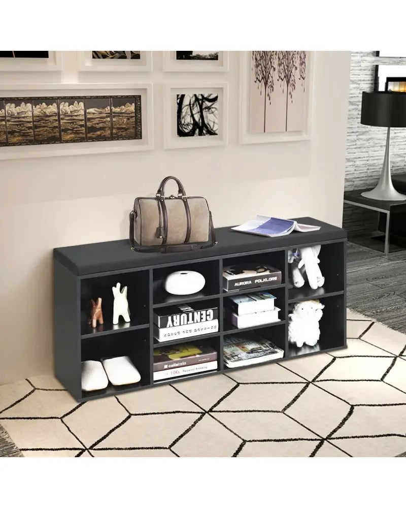 10-Cube Organizer Entryway Padded Shoe Storage Bench-Black - Black - Shoe Racks & Storage Benches