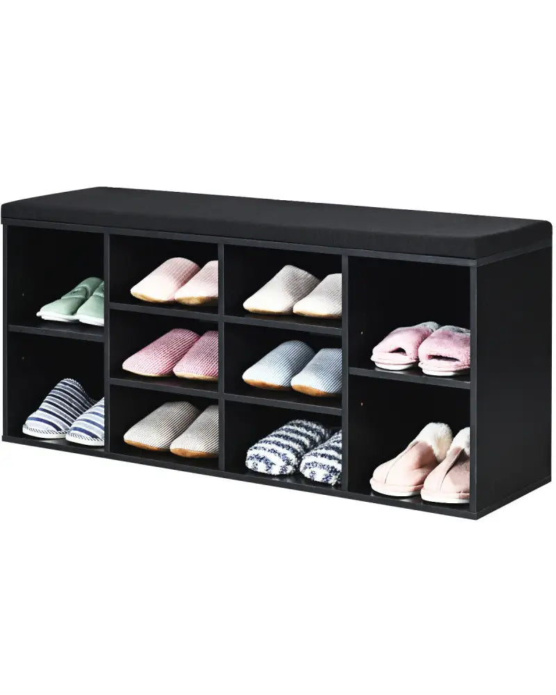 10-Cube Organizer Entryway Padded Shoe Storage Bench-Black - Black - Shoe Racks & Storage Benches