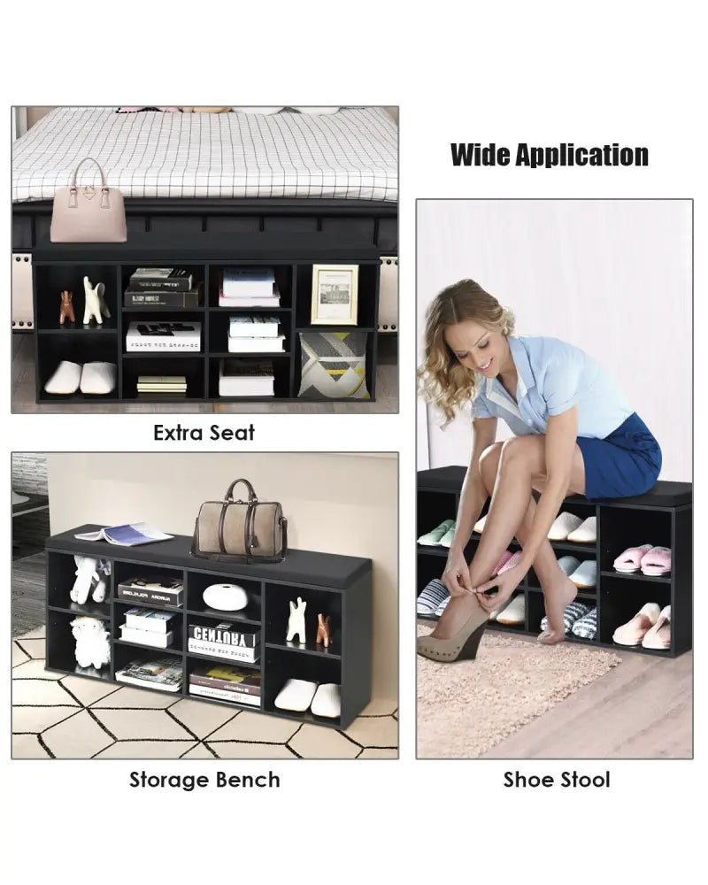 10-Cube Organizer Entryway Padded Shoe Storage Bench-Black - Black - Shoe Racks & Storage Benches