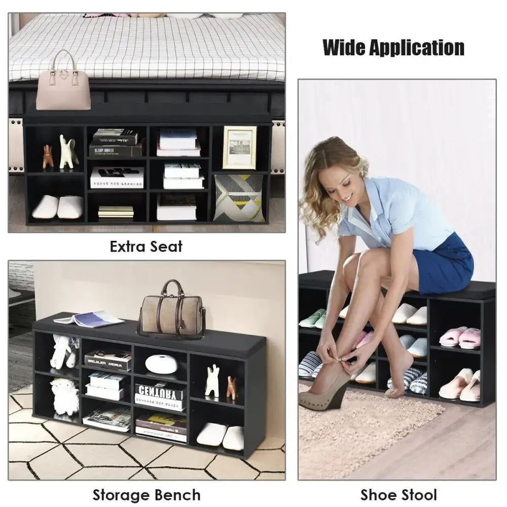 10-Cube Organizer Entryway Padded Shoe Storage Bench-Black - Black - Shoe Racks & Storage Benches