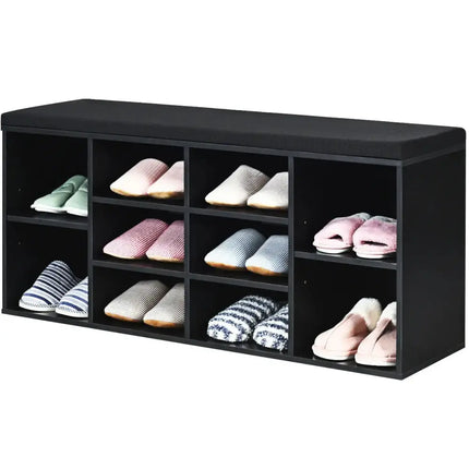 10-Cube Organizer Entryway Padded Shoe Storage Bench-Black - Black - Shoe Racks & Storage Benches