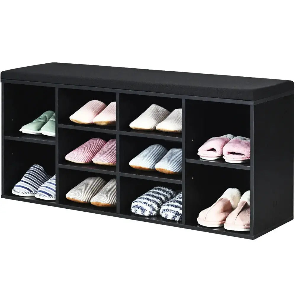 10-Cube Organizer Entryway Padded Shoe Storage Bench-Black - Black - Shoe Racks & Storage Benches
