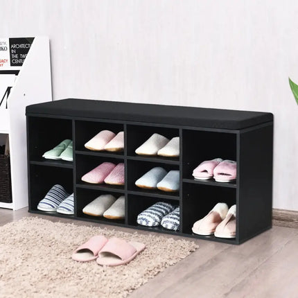 10-Cube Organizer Entryway Padded Shoe Storage Bench-Black - Black - Shoe Racks & Storage Benches
