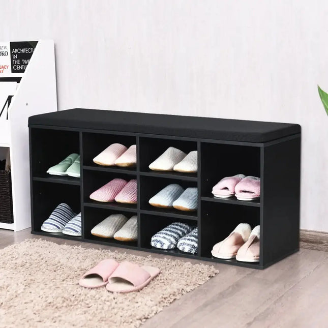10-Cube Organizer Entryway Padded Shoe Storage Bench-Black - Black - Shoe Racks & Storage Benches