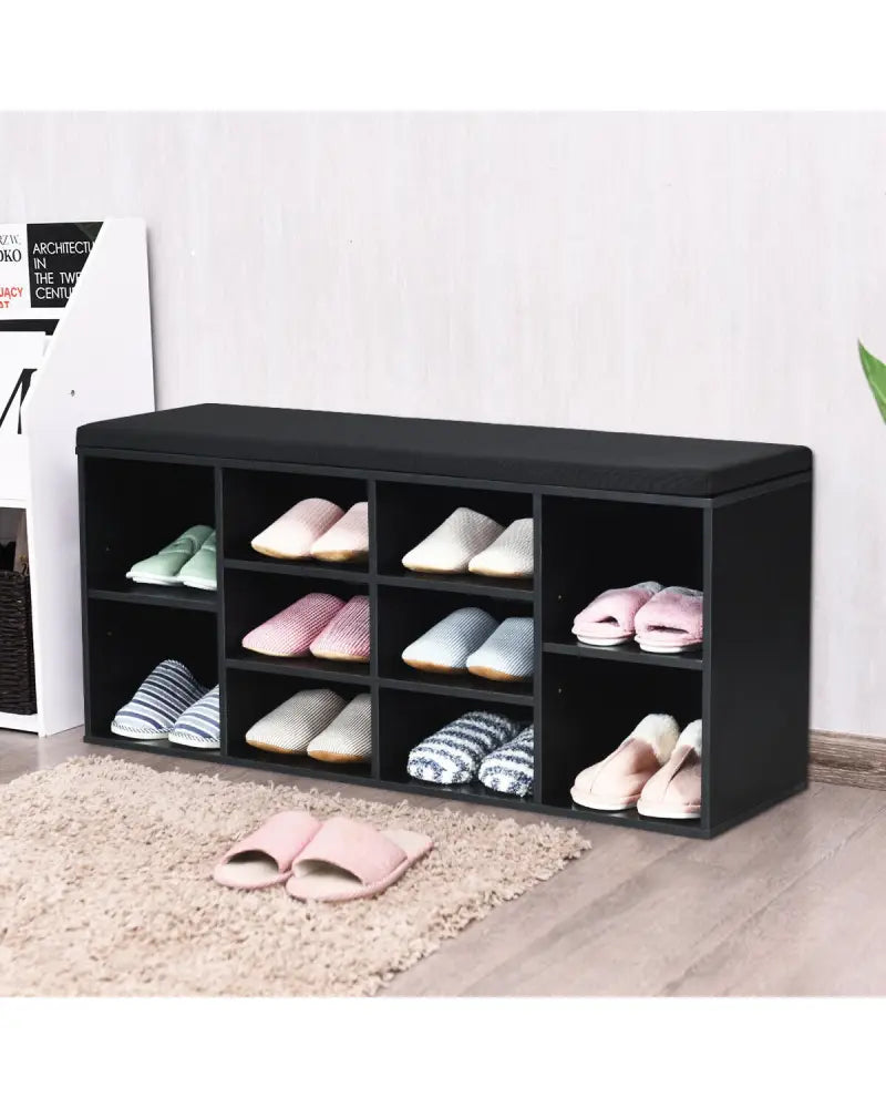 10-Cube Organizer Entryway Padded Shoe Storage Bench-Black - Black - Shoe Racks & Storage Benches