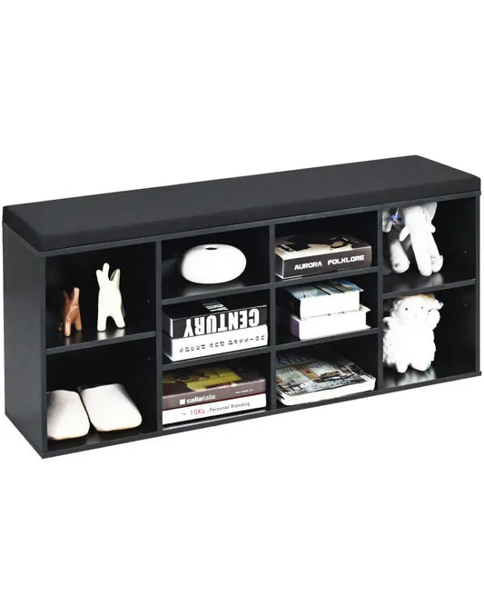 10-Cube Organizer Entryway Padded Shoe Storage Bench-Black - Black - Shoe Racks & Storage Benches