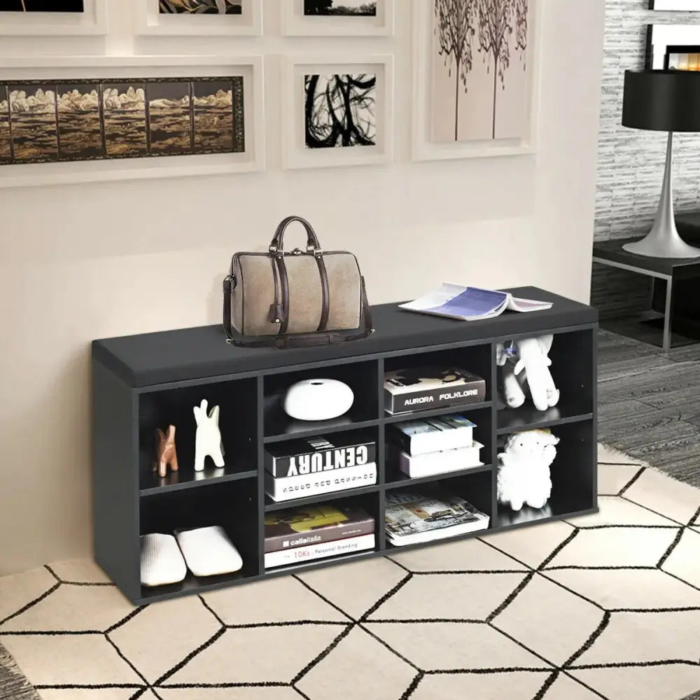 10-Cube Organizer Entryway Padded Shoe Storage Bench-Black - Black - Shoe Racks & Storage Benches