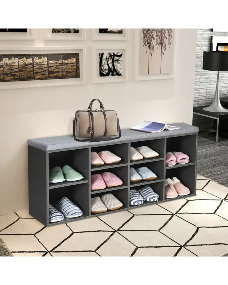 10-Cube Organizer Entryway Padded Shoe Storage Bench-Gray - Gray - Shoe Racks & Storage Benches