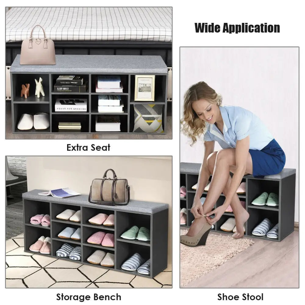 10-Cube Organizer Entryway Padded Shoe Storage Bench-Gray - Gray - Shoe Racks & Storage Benches