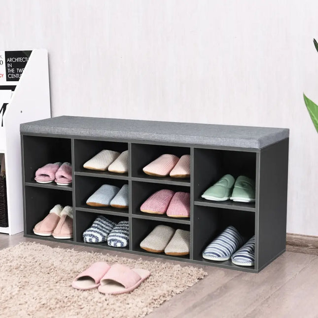 10-Cube Organizer Entryway Padded Shoe Storage Bench-Gray - Gray - Shoe Racks & Storage Benches