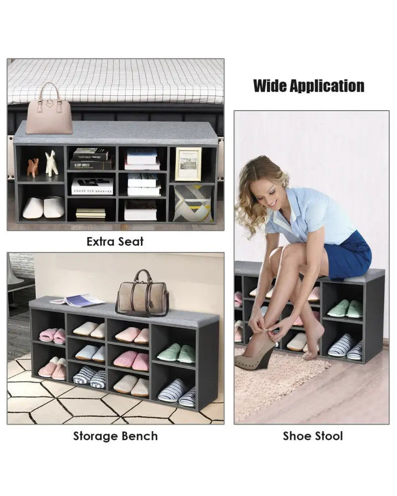 10-Cube Organizer Entryway Padded Shoe Storage Bench-Gray - Gray - Shoe Racks & Storage Benches