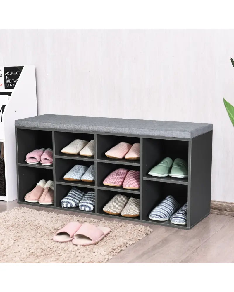 10-Cube Organizer Entryway Padded Shoe Storage Bench-Gray - Gray - Shoe Racks & Storage Benches