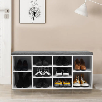 10-Cube Organizer Entryway Padded Shoe Storage Bench-White - White - Shoe Racks & Storage Benches